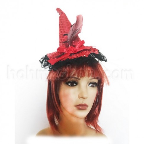 Капелюшок відьмочки на обідку з мереживом (червона)