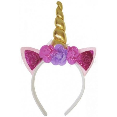 Обруч Ріг Єдинорога (золотий) з рожевими вушками